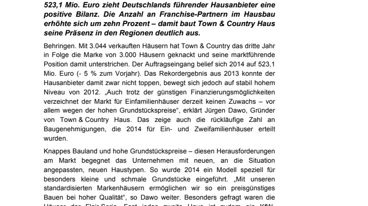 Town & Country Haus erneut über 3.000 verkaufte Häuser – deutliches Wachstum bei der Anzahl der Franchise-Partner