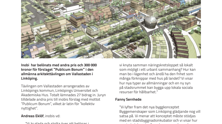 Inobi vinner pris i allmän arkitekttävling om ny stadsdel i Linköping