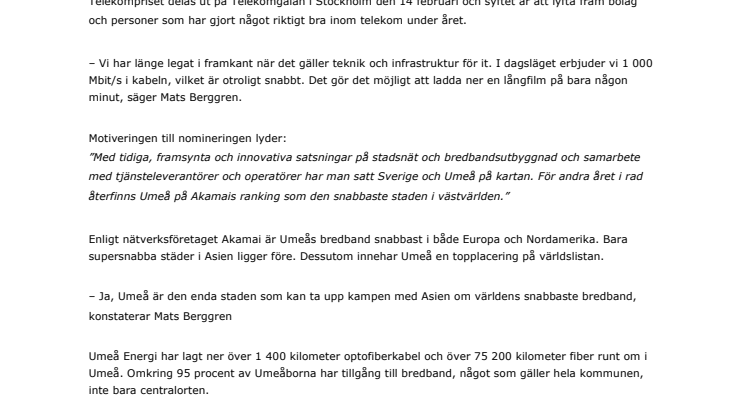 UmeNet nominerat till ”Årets operatör”