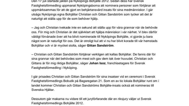 Christian och Gittan Sandström är Nyköpings Bohjältar  