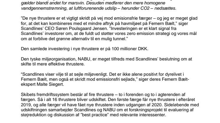Nye thrustere på Scandlines’ hybridfærger vil sænke undervandsstøj og luftforurening på Femern Bælt