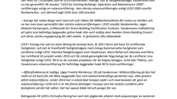 Över 100 svenska fastigheter är nu LEED-certifierade