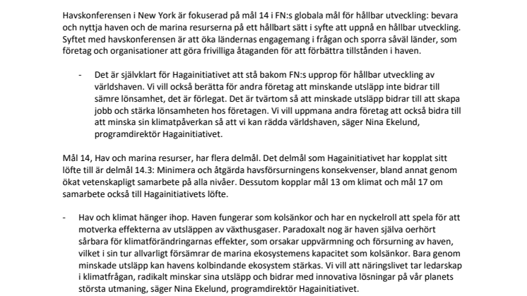 Hagainitiativet skriver under FN:s upprop för hållbar utveckling av världshaven