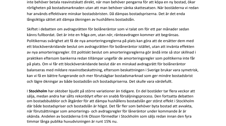 Erik Olsson Fastighetsförmedling kommenterar bostadsmarknaden 14 november 2015
