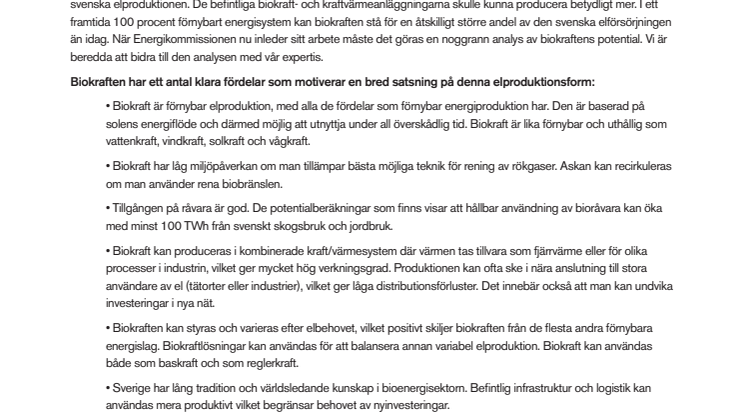 Till Energikommissionen: Biokraften kan spela en viktig roll i ett framtida 100 procent förnybart energisystem