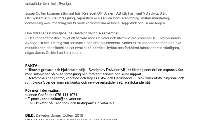 Jonas Coltén tillträder som VD för Delvator AB.