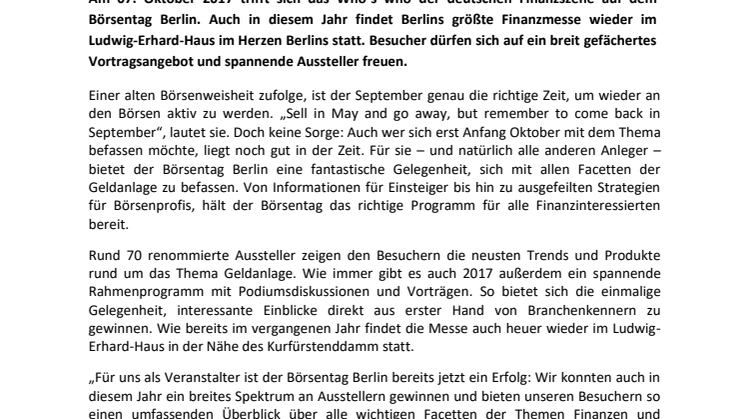 Deutschlands Finanzszene trifft sich in der Hauptstadt - Börsentag Berlin, 07.0.2017