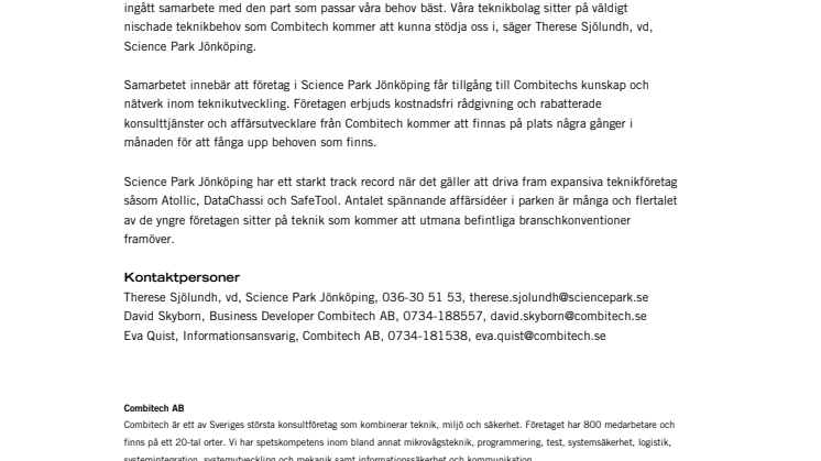 Combitech i nytt samarbete med Science Park Jönköping 