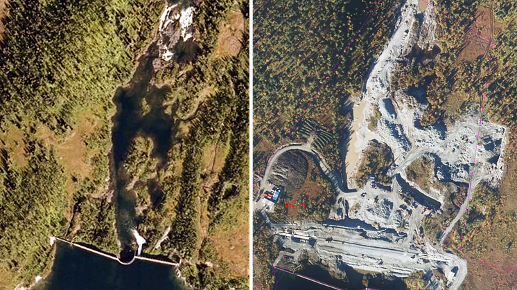 Bildet til venstre er tatt i 2008 og viser terrenget nedstrøms den gamle platedammen. Bildet til høyre er tatt i 2016  etter at anleggsarbeidet har kommet godt i gang (Foto: ©norgeibilder.no).