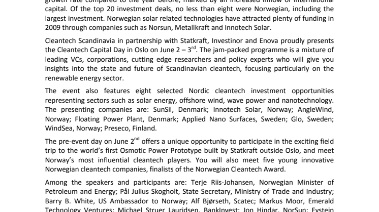 Cleantech Capital Day in Oslo June 2 - 3rd - a meeting place for Scandinavian Cleantech