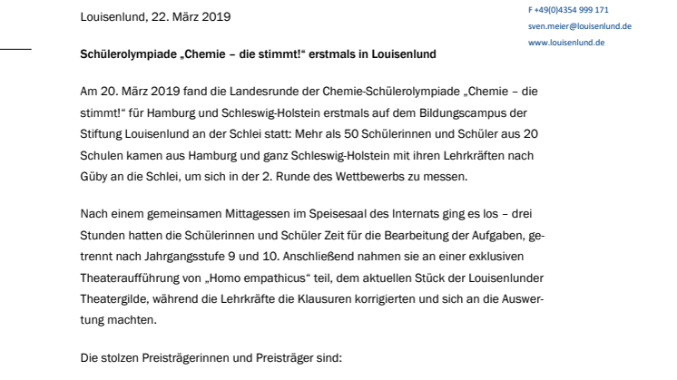Pressemitteilung: Schülerolympiade „Chemie – die stimmt!“ erstmals in Louisenlund
