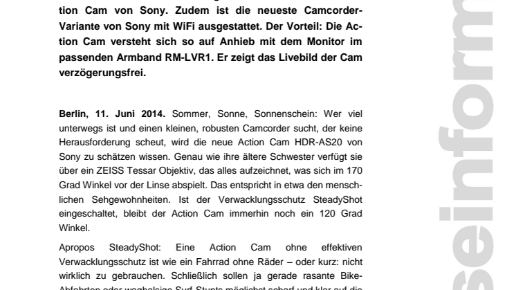 Sommerzeit ist Actionzeit: Sony stellt neue Action Cam HDR-AS20 vor