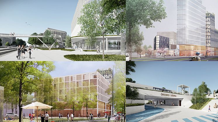 Några olika förslag och idéer på hur det skulle kunna se ut när området runt Örebro södra byggs om.  Illustrationer: CF Möller och Rundquist Arkitekter