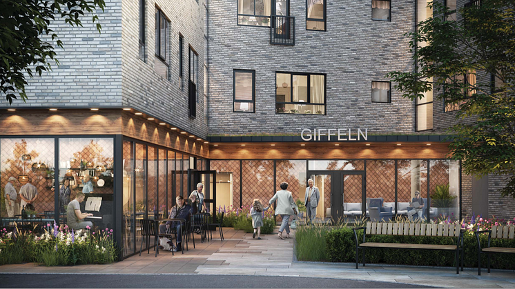 Kornellen ska byggas på tomten med fastighetsbeteckning Giffeln 1. Arkitektskiss: Liljewall arkitekter.