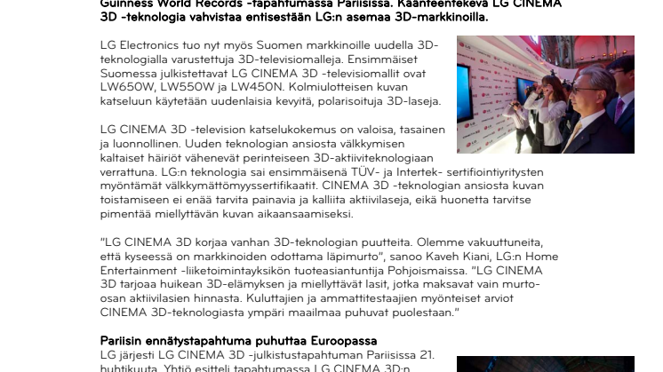 LG tuo CINEMA 3D -teknologian suomalaisiin koteihin