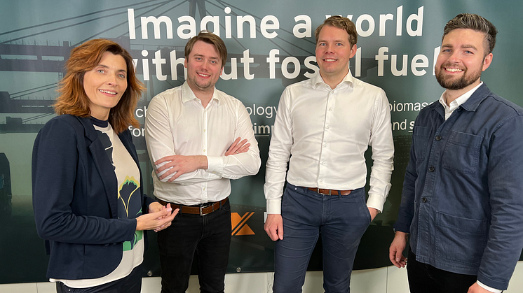 Kvasir PR: Celebrating the investment. From left: Mette Fløe Nielsen, VÅR Ventures, Joachim Bachmann Nielsen, CEO & Co-founder, Kvasir Technologies, Anders Kristoffersen, COO & Co-founder, Kvasir Technologies, and Lasse Truels Köhler, Maersk Growth