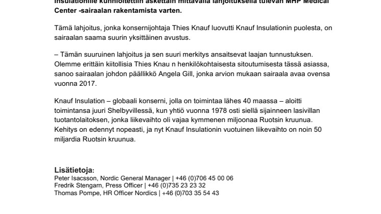 Suuri lahjoitus sairaalan rakentamiseen 