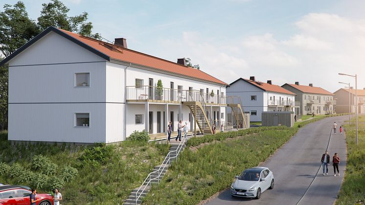 Illustration av entrésida med loftgångar, BoKlok Ekbacken i Marielund, Mariefred. 