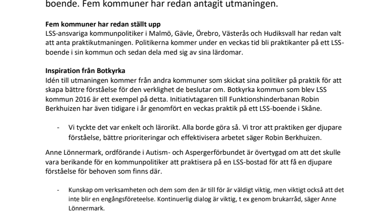 Fem kommuner antar Funktionshinderbanans utmaning att praktisera på LSS-boende