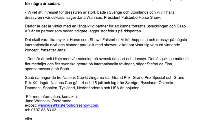 Saab ny sponsor för den 5* dressyren i Falsterbo