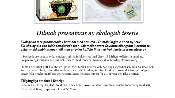 Dilmah lanserar ny ekologisk teserie