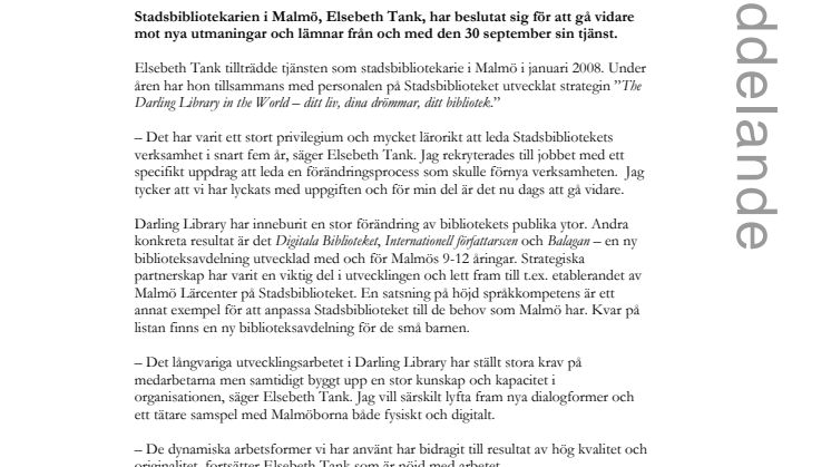 Stadsbibliotekarien Elsebeth Tank går vidare mot nya utmaningar