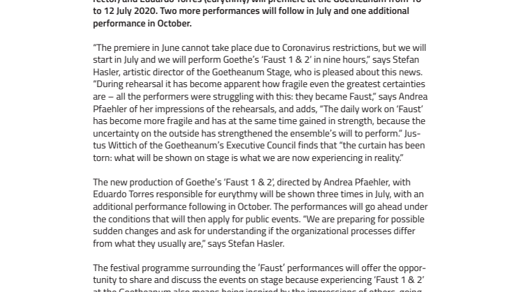 “We are going to perform”: The Goetheanum Stage will show Goethe’s ‘Faust 1 & 2’ four times in 2020, in a new production by Andrea Pfaehler and Eduardo Torres