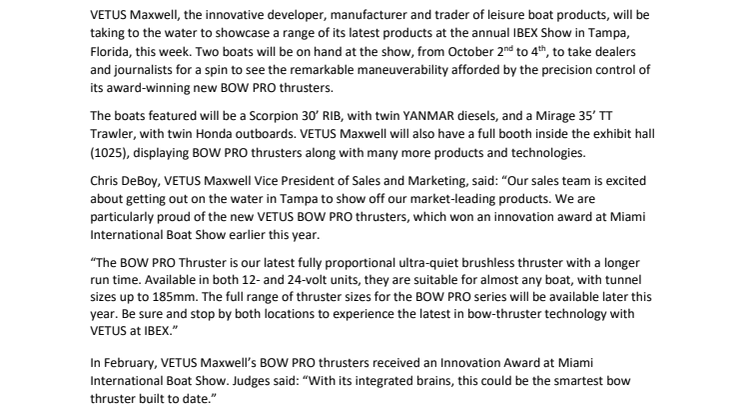 Precision Performance of VETUS Maxwell’s Latest Products to be Displayed on the Water at IBEX