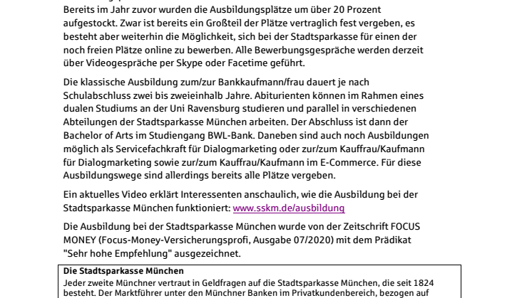 Stadtsparkasse München folgt Aufruf des Bundespräsidenten. Zahl der Ausbildungsplätze für dieses Jahr um weitere 10 Prozent aufgestockt.