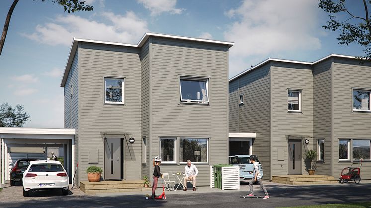Illustration av entrésida med förstukvist och carport, BoKlok Kajen i Ängelholm. 