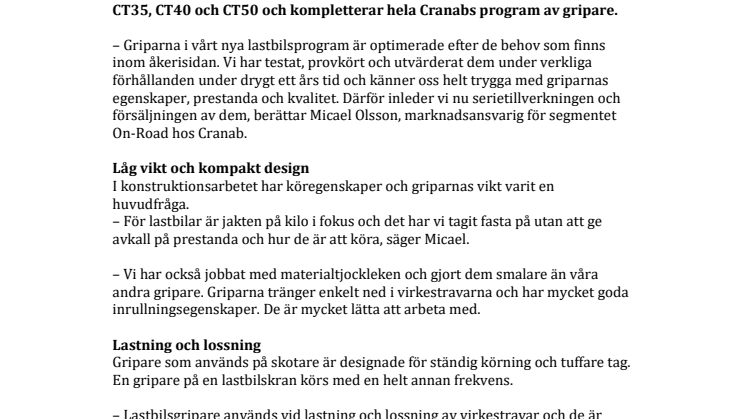 Cranab lanserar ny gripserie för lastbilar
