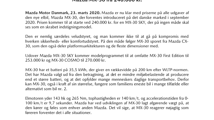 Mazda sætter priser på sin nye elbil