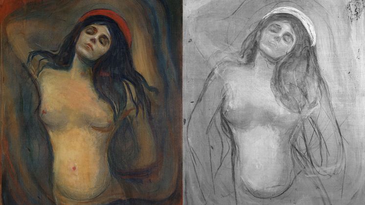 Left: Edvard Munch, "Madonna", Photo: Børre Høstland/The National Museum. Right: Infrared photograph shows underdrawings beneath the top layers in the painting. Photo: Børre Høstland/The National Museum