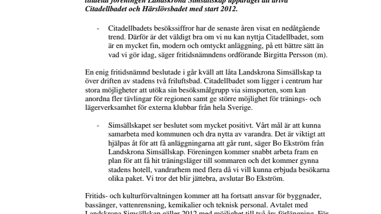 Landskrona Simsällskap tar över driften för friluftsbaden sommaren 2012 