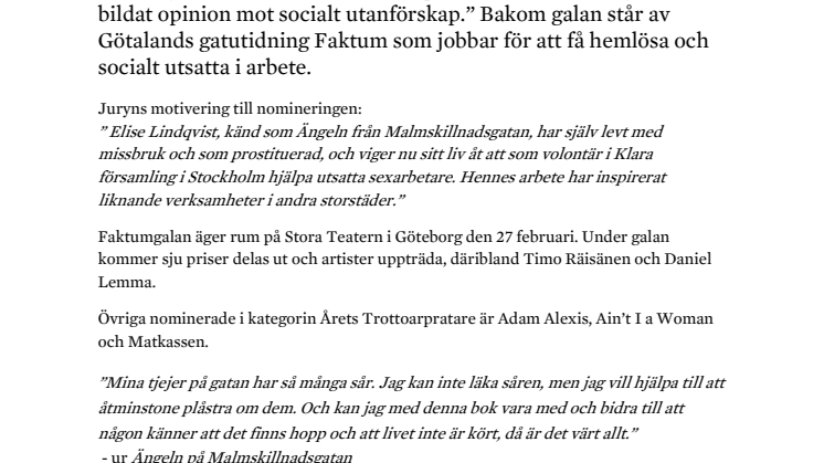 Pressmeddelande: Faktumgalan uppmärksammar Ängeln på Malmskillnadsgatan