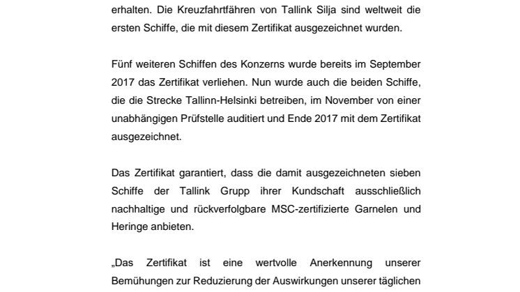 Weltweit einzigartig: Tallink-Silja-Schiffe zwischen Helsinki und Tallinn erhalten MSC-Zertifikat für nachhaltige Meeresfrüchte