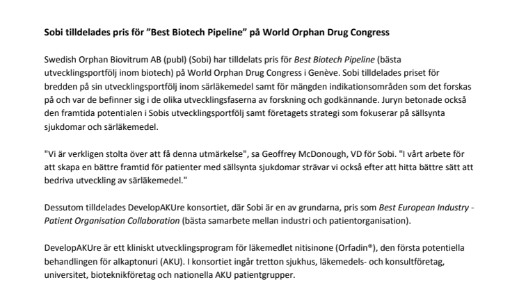 Sobi tilldelades pris för "Best Biotech Pipeline" på World Orphan Drug Congress
