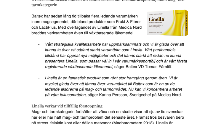 Baltex övertar försäljningsrättigheterna till det receptfria växtbaserade läkemedlet Linella 	