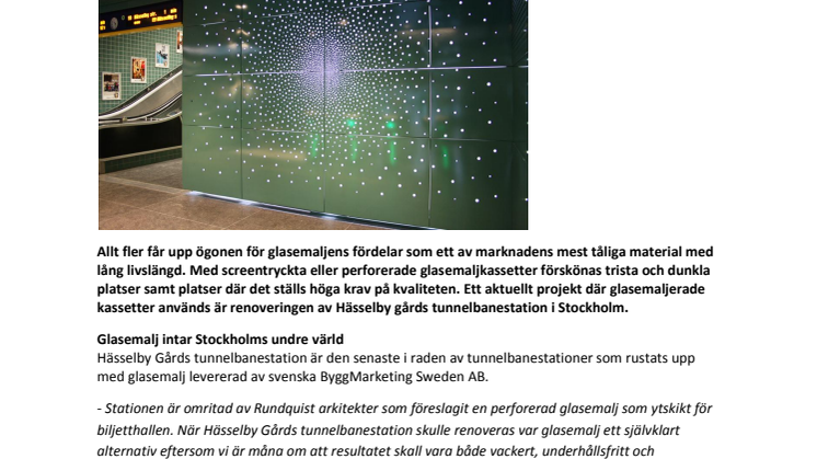 Konstnären Pia Törnell och Bygg Marketing Sweden förskönar tunnelbanan i Hässelby gård med emaljkonst