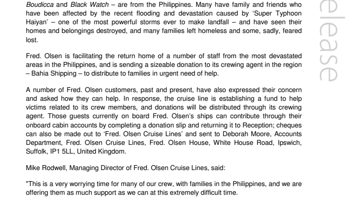 Fred. Olsen Cruise Lines supports Filipino crew members  affected by ‘Super Typhoon Haiyan’ 