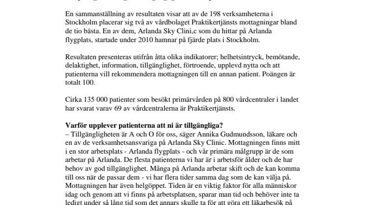 Arlanda Sky Clinic får högsta betyg av patienterna 