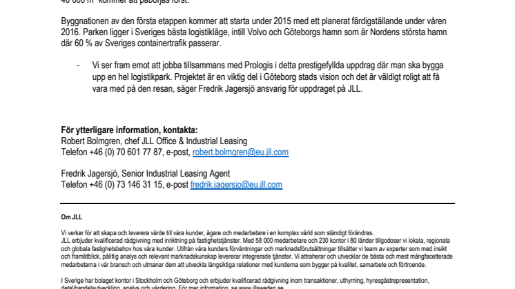 Prologis anlitar JLL i uthyrningsuppdrag för ny logistikpark i Torslanda