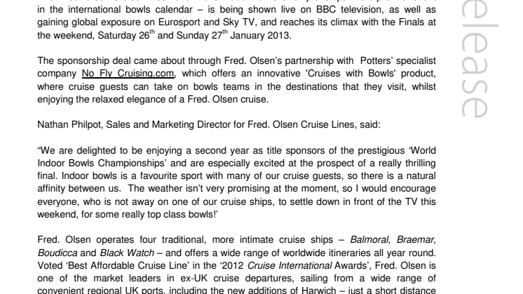 ‘Fred. Olsen Cruise Lines 2013 World Indoor Bowls Championships’ Finals Weekend