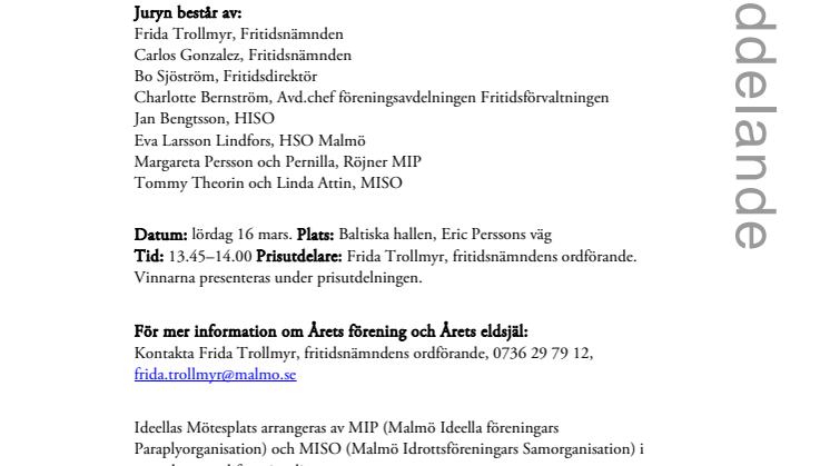 Prisutdelning imorgon: Årets förening och Årets eldsjäl 2012