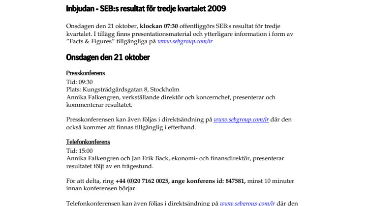 Inbjudan - SEB:s resultat för tredje kvartalet 2009
