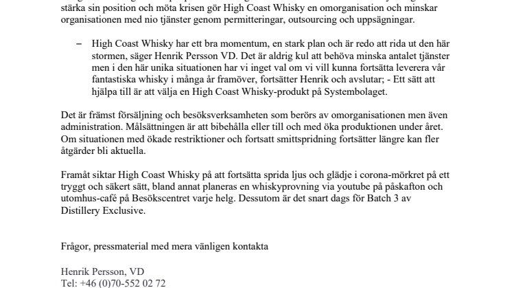 High Coast Whisky omorganiserar för att möta corona-krisen 