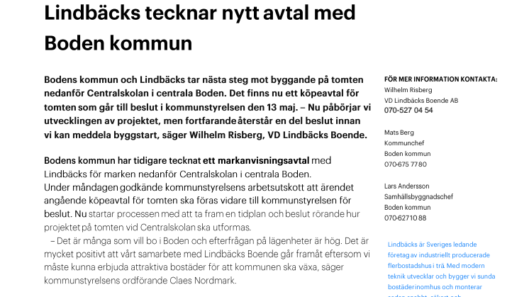 Lindbäcks tecknar nytt avtal med Boden kommun