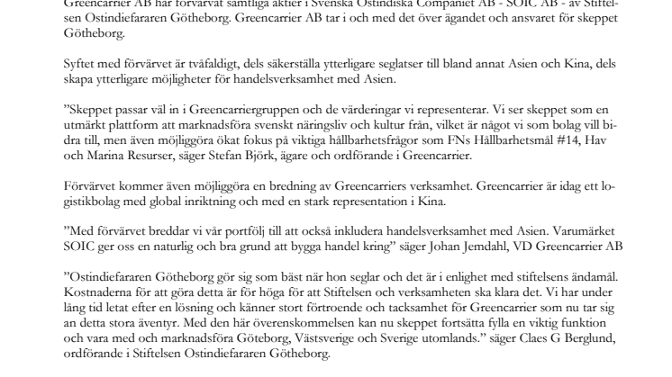 Press release som PDF - Greencarrier säkerställer att Ostindiefararen seglar vidare