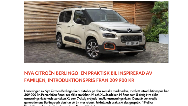 NYA CITROËN BERLINGO: EN PRAKTISK BIL INSPIRERAD AV FAMILJEN, INTRODUKTIONSPRIS FRÅN 209 900 KR