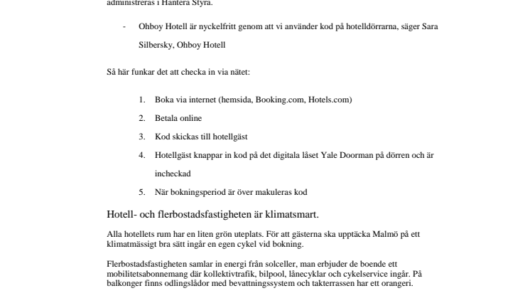 Bil- och nyckelfritt på Ohboy Hotell & Bostad